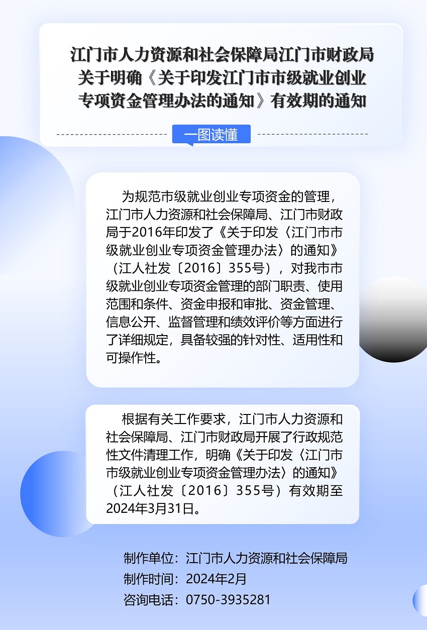 附件5：《江門市人力資源和社會保障局江門市財(cái)政局關(guān)于明確〈關(guān)于印發(fā)江門市市級就業(yè)創(chuàng)業(yè)專項(xiàng)資金管理辦法的通知〉有效期的通知》政策圖解.jpg