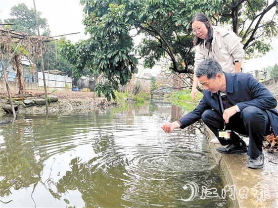 新會(huì)區(qū)紀(jì)檢監(jiān)察干部到雙水鎮(zhèn)北水村回訪，查看水質(zhì)變化。